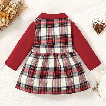 Коледна рокля за малко момиченце, червена карирана рокля с дълги ръкави, фестивално прекрасно облекло за 0-3 години