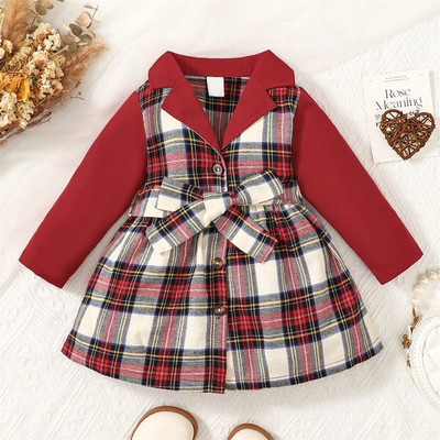 Ziemassvētku kleita Mazuļa meitenei, sarkana rūtaina kleita, nolaižama apkakle ar garām piedurknēm Festivāla burvīgs apģērbs 0–3 gadiem