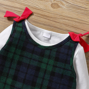 2023 г. Ново момиче, едноцветна тениска + коледна бродирана карирана пола, комплект от две части, есенно и зимно ежедневно детско облекло