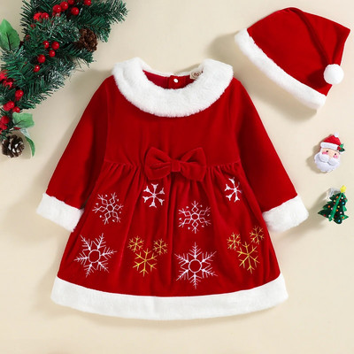Ma&Baby 9m-4Y Коледна червена рокля за момиченце за малко дете, бебе, момиченце, снежинка, кадифени рокли с дълги ръкави и шапка D01