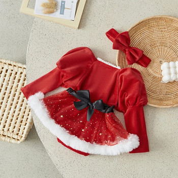 Suefunskry Baby Girls Χριστουγεννιάτικο φόρεμα Romper παγιέτες Stars Moon Patchwork Φούστα βελούδινο στρίφωμα μακρυμάνικο κορμάκι με κορδέλα