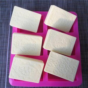 6 решетки Ръчно изработена силиконова форма за сапун 6 вида флорални шарки с плоско дъно Етерично масло Тоалетен сапун Направи си сам квадратна форма за печене на торта