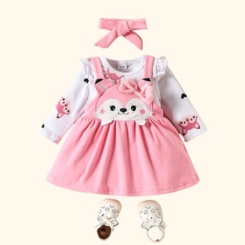 Φθινοπωρινό χειμερινό μωρό φόρεμα+ζαρτιέρες+σετ παπιγιόν Cartoon Fox Print Ρούχα νεογέννητα κορίτσια Παιδικά ρούχα Παιδικά σετ μωρών