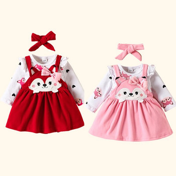 Φθινοπωρινό χειμερινό μωρό φόρεμα+ζαρτιέρες+σετ παπιγιόν Cartoon Fox Print Ρούχα νεογέννητα κορίτσια Παιδικά ρούχα Παιδικά σετ μωρών
