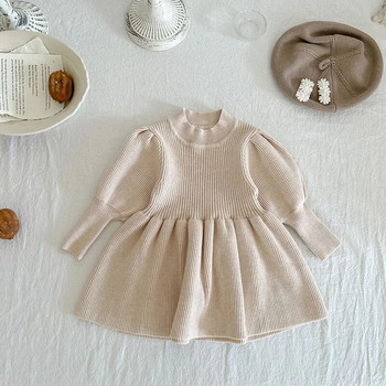 Есенна детска модна пуловерна рокля за момичета с буф ръкав, рокля в стил принцеса, рокля за малко дете
