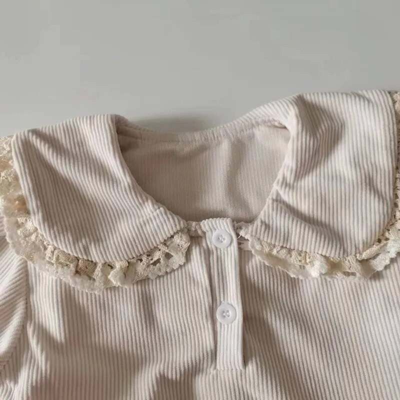 Jauka velveta kleita zīdaiņai, princese jaundzimušajiem bērniem ar garām piedurknēm Pītera Pena apkakle A-līnijas viengabala Korejas pavasara drēbes