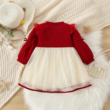 Коледна рокля за момиченце, рожден ден на бебешка принцеса, червена рокля с дълъг ръкав, пролет и есен, мрежеста панделка, сладки детски дрехи