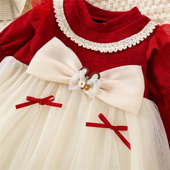 Коледна рокля за момиченце, рожден ден на бебешка принцеса, червена рокля с дълъг ръкав, пролет и есен, мрежеста панделка, сладки детски дрехи