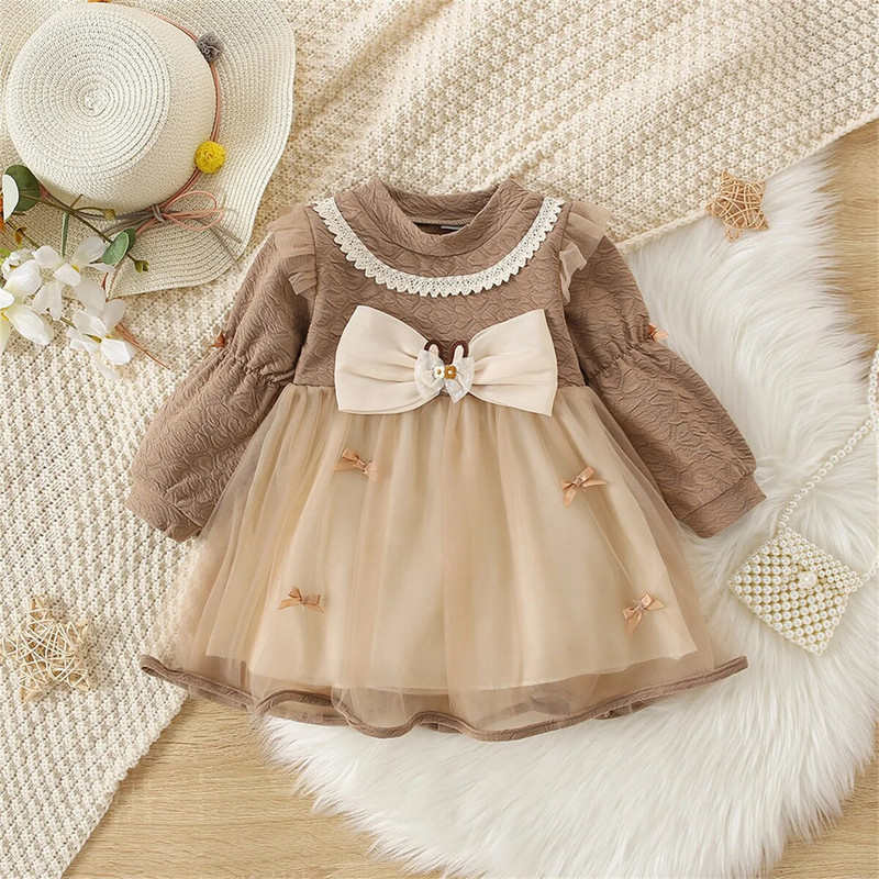 Mergaitei kalėdinė suknelė Kūdikių princesės gimtadienio raudona suknelė ilgomis rankovėmis pavasario ir rudens lankelio tinklelis, saldūs vaikiški drabužiai