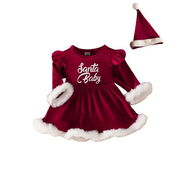 0-24M Коледни новородени бебета Момичета Червени комбинезончета Рокля с кадифени волани Плюшен гащеризон + Шапка Парти Коледни костюми на Дядо Коледа