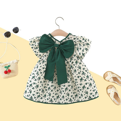 Îmbrăcăminte de vară pentru fete 0-3 ani rochie din bumbac cu mâneci scurte pentru copii de vară cu fundă florală Îmbrăcăminte confortabilă