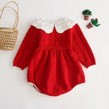 Детски гащеризони за момичета 2023 Есенни червени дрехи за момичета Дрехи за новородени момичета Модни плетени гащеризони Есенен пуловер