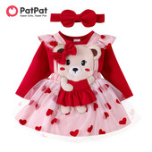 PatPat 3PCS Baby Girl Sweet Bear Patches Izšūšana Sirds 3D kleitu komplekts ar garām piedurknēm