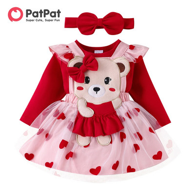 PatPat 3PCS Baby Girl Sweet Bear Patches Бродерия Сърце 3D Комплект рокли с дълъг ръкав