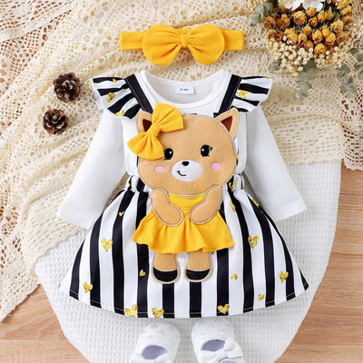 PatPat 3PCS Baby Girl Sweet Bear Patches Izšūšana Sirds 3D kleitu komplekts ar garām piedurknēm