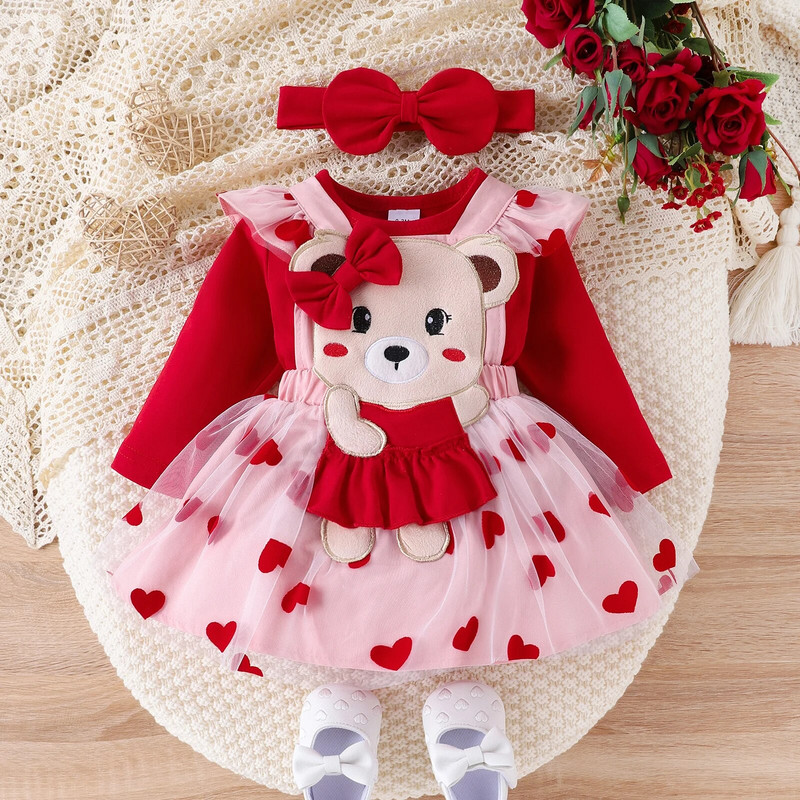 PatPat 3PCS Baby Girl Sweet Bear Patches Izšūšana Sirds 3D kleitu komplekts ar garām piedurknēm