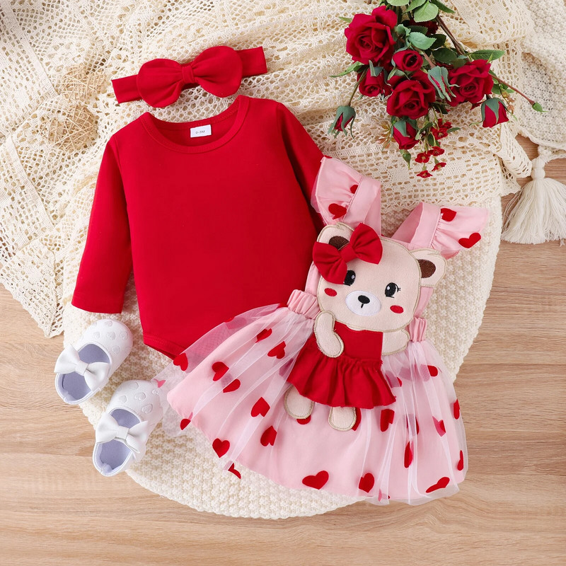 PatPat 3PCS Baby Girl Sweet Bear Patches Izšūšana Sirds 3D kleitu komplekts ar garām piedurknēm