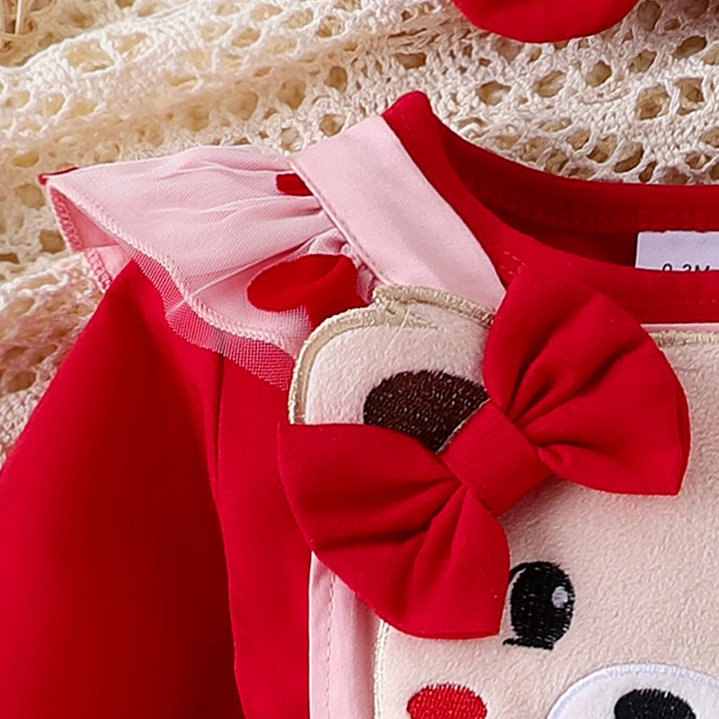 PatPat 3PCS Baby Girl Sweet Bear Patches Izšūšana Sirds 3D kleitu komplekts ar garām piedurknēm