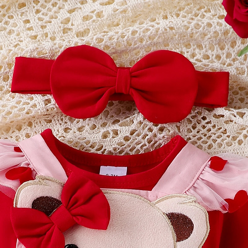 PatPat 3PCS Baby Girl Sweet Bear Patches Izšūšana Sirds 3D kleitu komplekts ar garām piedurknēm