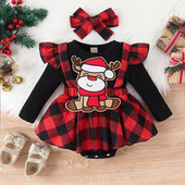 Suefunskry Baby Girls Ziemassvētku apģērbs, garām piedurknēm, apkaklīts multfilmas aļņu rūtainā rombveida kleita ar galvas saiti.