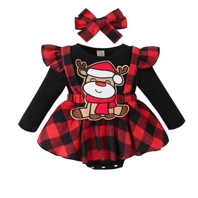 Suefunskry Baby Girls Ziemassvētku apģērbs, garām piedurknēm, apkaklīts multfilmas aļņu rūtainā rombveida kleita ar galvas saiti.