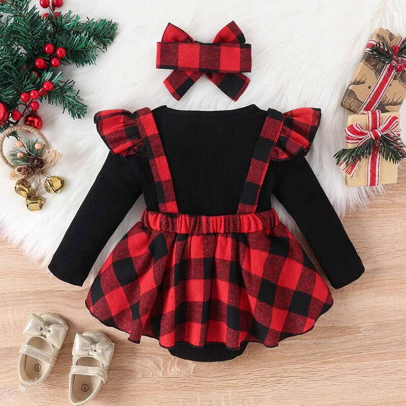 Suefunskry Baby Girls Ziemassvētku apģērbs, garām piedurknēm, apkaklīts multfilmas aļņu rūtainā rombveida kleita ar galvas saiti.