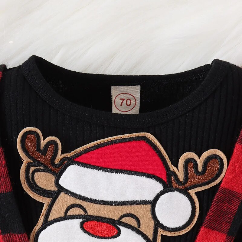 Suefunskry Baby Girls Ziemassvētku apģērbs, garām piedurknēm, apkaklīts multfilmas aļņu rūtainā rombveida kleita ar galvas saiti.