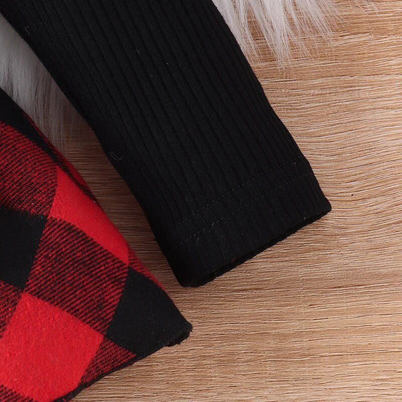 Suefunskry Baby Girls Ziemassvētku apģērbs, garām piedurknēm, apkaklīts multfilmas aļņu rūtainā rombveida kleita ar galvas saiti.