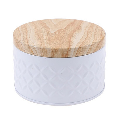 KARSTĀ IZPĀRDOŠANA Apaļa, tukša dzelzs kaste ar koka graudu vāku konfekšu uzglabāšanas kaste Diy sveču pagatavošanas burka