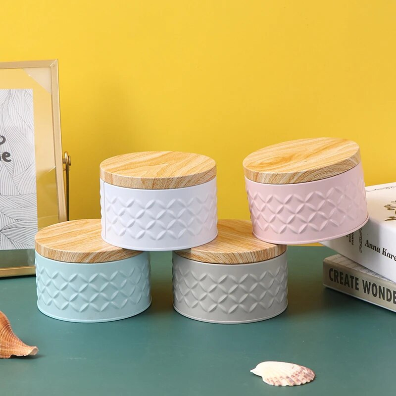 KARSTĀ IZPĀRDOŠANA Apaļa, tukša dzelzs kaste ar koka graudu vāku konfekšu uzglabāšanas kaste Diy sveču pagatavošanas burka