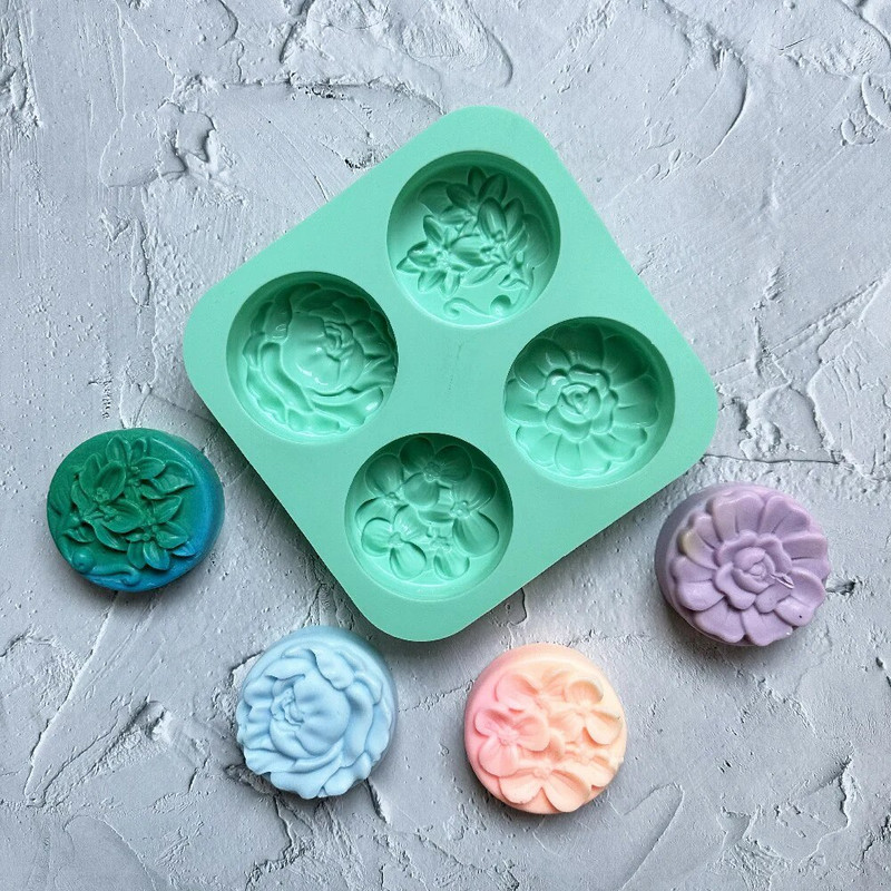 4-kameru 3D ar rokām darinātas silikona ziepju veidnes, viļņaini viļņaini, ziedu formas ziepes, veidojot veidni, DIY kvadrātveida apaļas ziepes