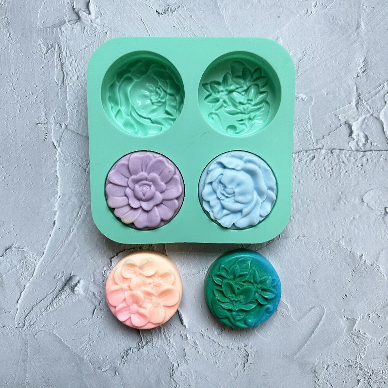 4-kameru 3D ar rokām darinātas silikona ziepju veidnes, viļņaini viļņaini, ziedu formas ziepes, veidojot veidni, DIY kvadrātveida apaļas ziepes