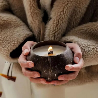 1pcs Coconut Bowl Natural Wooden Candle Jar Smoothie Bowl Decorative Aromatherapy Container Tableware Dessert Handmade Cra