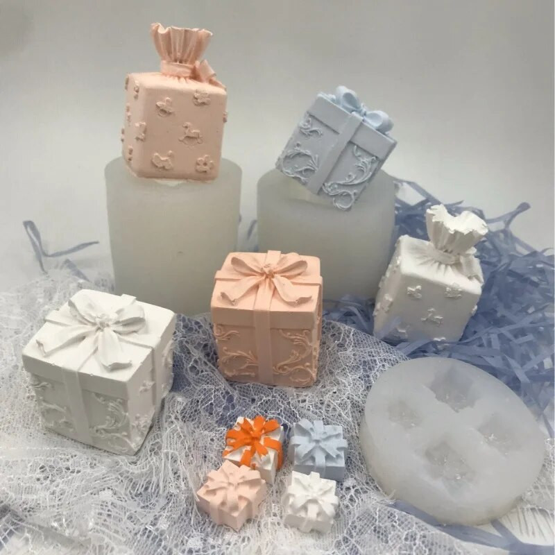 Mucegai din silicon pentru lumânări de Crăciun, cutie de cadou cu fundă tridimensională 3D, matriță din silicon pentru fondant, pentru coacere, pentru prăjituri de ciocolată