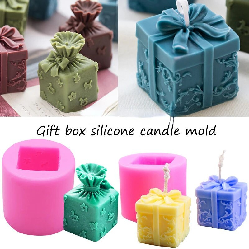 Mucegai din silicon pentru lumânări de Crăciun, cutie de cadou cu fundă tridimensională 3D, matriță din silicon pentru fondant, pentru coacere, pentru prăjituri de ciocolată