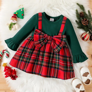 PatPat Χριστουγεννιάτικο Φόρεμα για Κορίτσια Νεογέννητο Αγόρι Μασίφ μακρυμάνικο ματισμένο κόκκινο καρό φόρεμα μπροστά