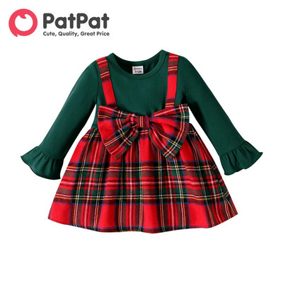 PatPat Коледна рокля за момичета, новородено момче, плътна рокля с дълги ръкави, червена карирана панделка отпред