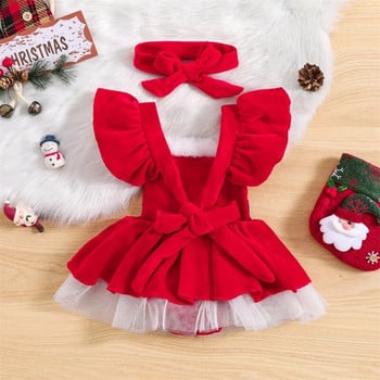 Suefunskry Βρεφικά κορίτσια Χριστουγεννιάτικα ρούχα με μακριά μανίκια γούνα βελούδινο φόρεμα + Σετ κορδέλας για νεογέννητα XMAS Princess