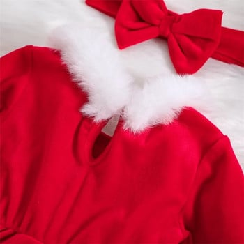 Suefunskry Коледни тоалети за бебета и момичета Кадифена рокля с дълги ръкави с космена тапицерия + Комплект лента за глава Коледни дрехи за новородени 3-24 месеца