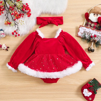 Χριστουγεννιάτικο 0-2Y Baby Girls 2Pcs Φόρεμα μακρυμάνικο βελούδινο φόρεμα με κεφαλόδεσμο σετ νεογέννητα ρούχα για το χειμώνα