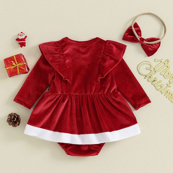 Suefunskry Baby Girls Τα νεότερα χριστουγεννιάτικα σύνολα μακρυμάνικο φόρεμα με βολάν με ντεκόρ ζώνης + σετ κεφαλόδεσμου Κοστούμια Άγιου Βασίλη