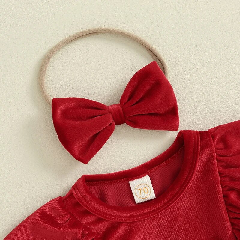 Suefunskry Baby Girls jaunākie Ziemassvētku tērpi, volānu kleita ar garām piedurknēm ar jostu un galvas saišu komplektu, Ziemassvētku vecīša kostīms