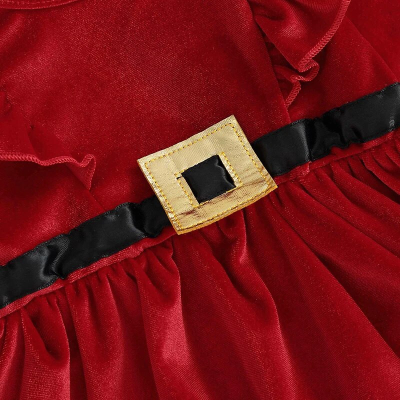 Suefunskry Baby Girls jaunākie Ziemassvētku tērpi, volānu kleita ar garām piedurknēm ar jostu un galvas saišu komplektu, Ziemassvētku vecīša kostīms