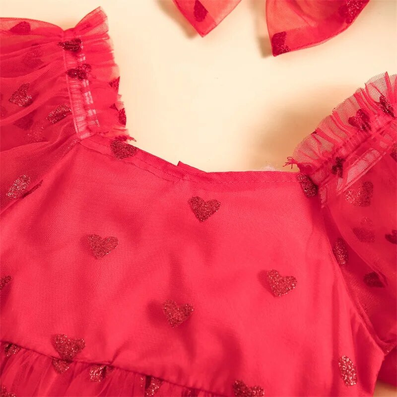 Suefunskry Baby Girl 2 daļīgs tērps Valentīna dienai ar sirds apdruku ar īsām piedurknēm tīkla tilla romeru kleita ar jauku galvas lentes komplektu