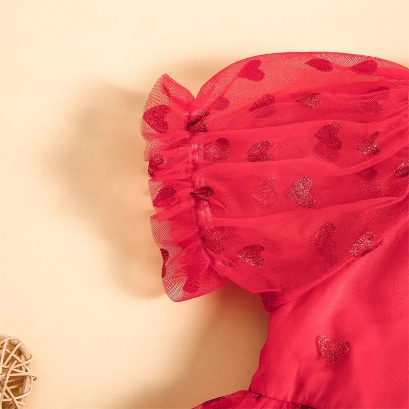 Suefunskry Baby Girl 2 daļīgs tērps Valentīna dienai ar sirds apdruku ar īsām piedurknēm tīkla tilla romeru kleita ar jauku galvas lentes komplektu