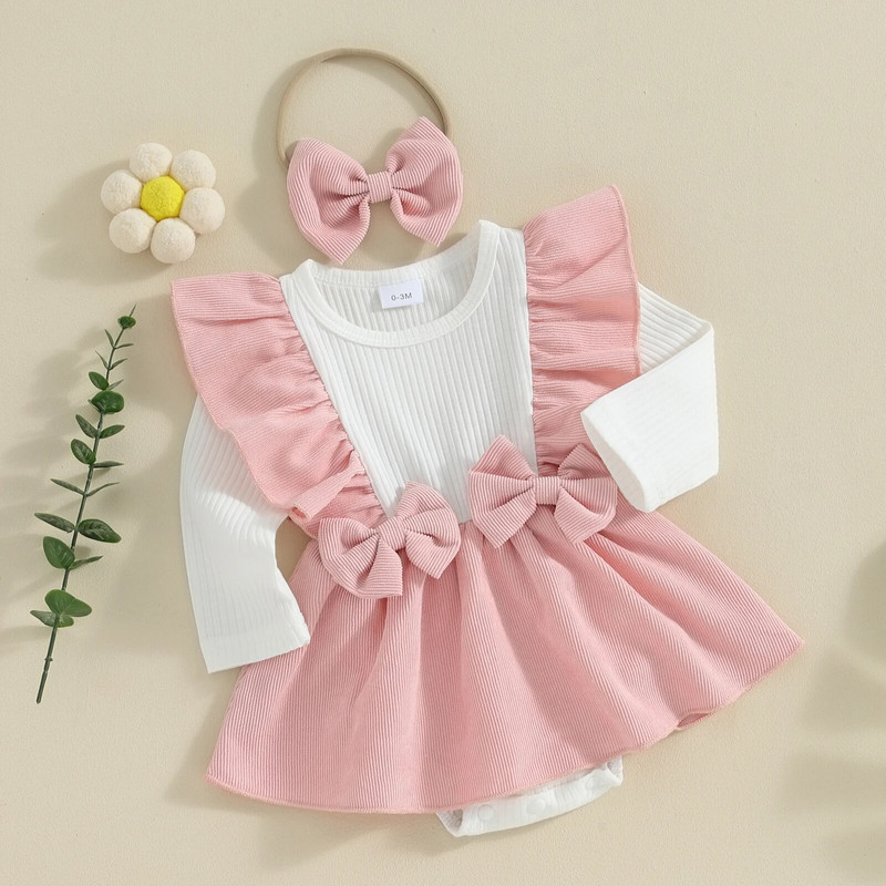 ma&baby 0-18M vastsündinu beebitüdruk, imiku väikelapse vibu pikkade varrukatega volangidega kombinesoon Sügiskevad armsad beebiriided D05