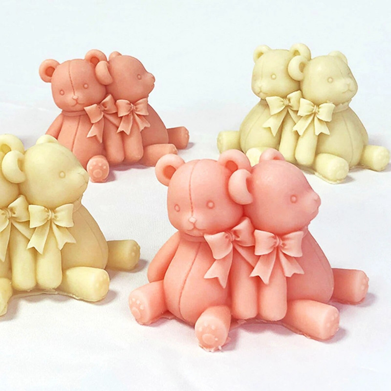 Mīļais lācis, svece, silikona veidne, savienota lāča ziepju sveķu ģipša veidne DIY šokolādes kūkas dekoru izgatavošanas komplekts, dāvana