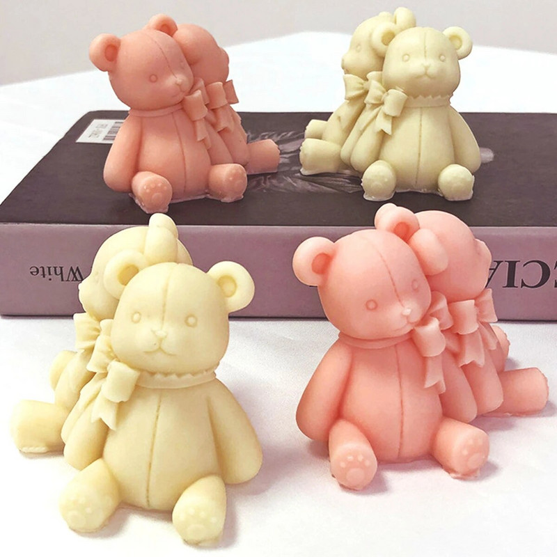 Mīļais lācis, svece, silikona veidne, savienota lāča ziepju sveķu ģipša veidne DIY šokolādes kūkas dekoru izgatavošanas komplekts, dāvana