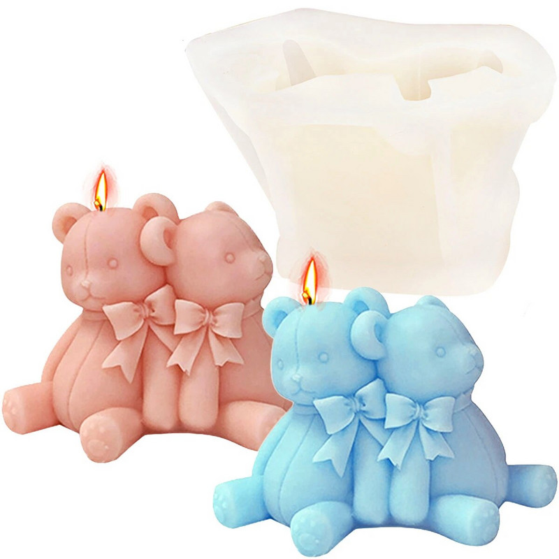 Mīļais lācis, svece, silikona veidne, savienota lāča ziepju sveķu ģipša veidne DIY šokolādes kūkas dekoru izgatavošanas komplekts, dāvana