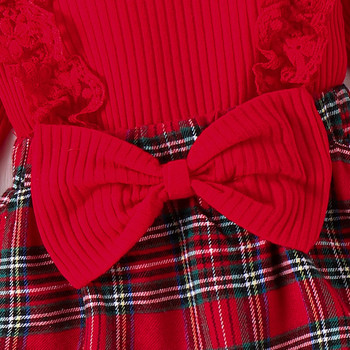 ma&baby 0-12M Коледни гащеризони за новородени бебета и момичета Червен кариран плетен гащеризон с панделка с дълъг ръкав Лента за глава Коледни костюми Тоалети
